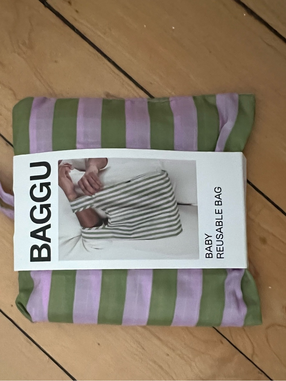 BAGGU Baby Reusable Bag in Green and Lavender Stripes